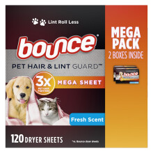 Bounce Dierenhaar en Lint Guard Mega Droger Vellen voor Wasserij Wasverzachter met 3X Pet Hair Fighters Frisse geur 120 stuks Wit