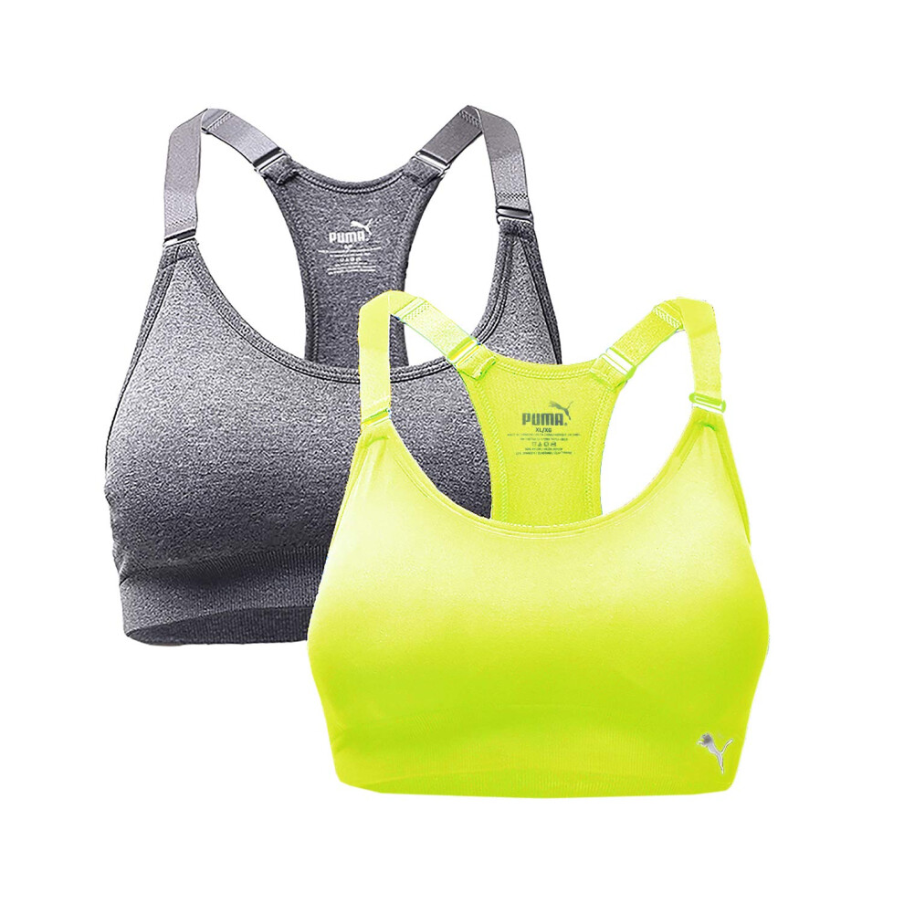 PUMA Women's Seamless Sports Bra with Removable Cups 2/PK  Yellow/Grey  Medium