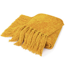 PAVILIA Mustard Yellow Chenille Blanket for Twin Size Bed Soft Gold Knit Blanket with Tassel Fringe Woven Chenille Knitted Decorative Blanket for So