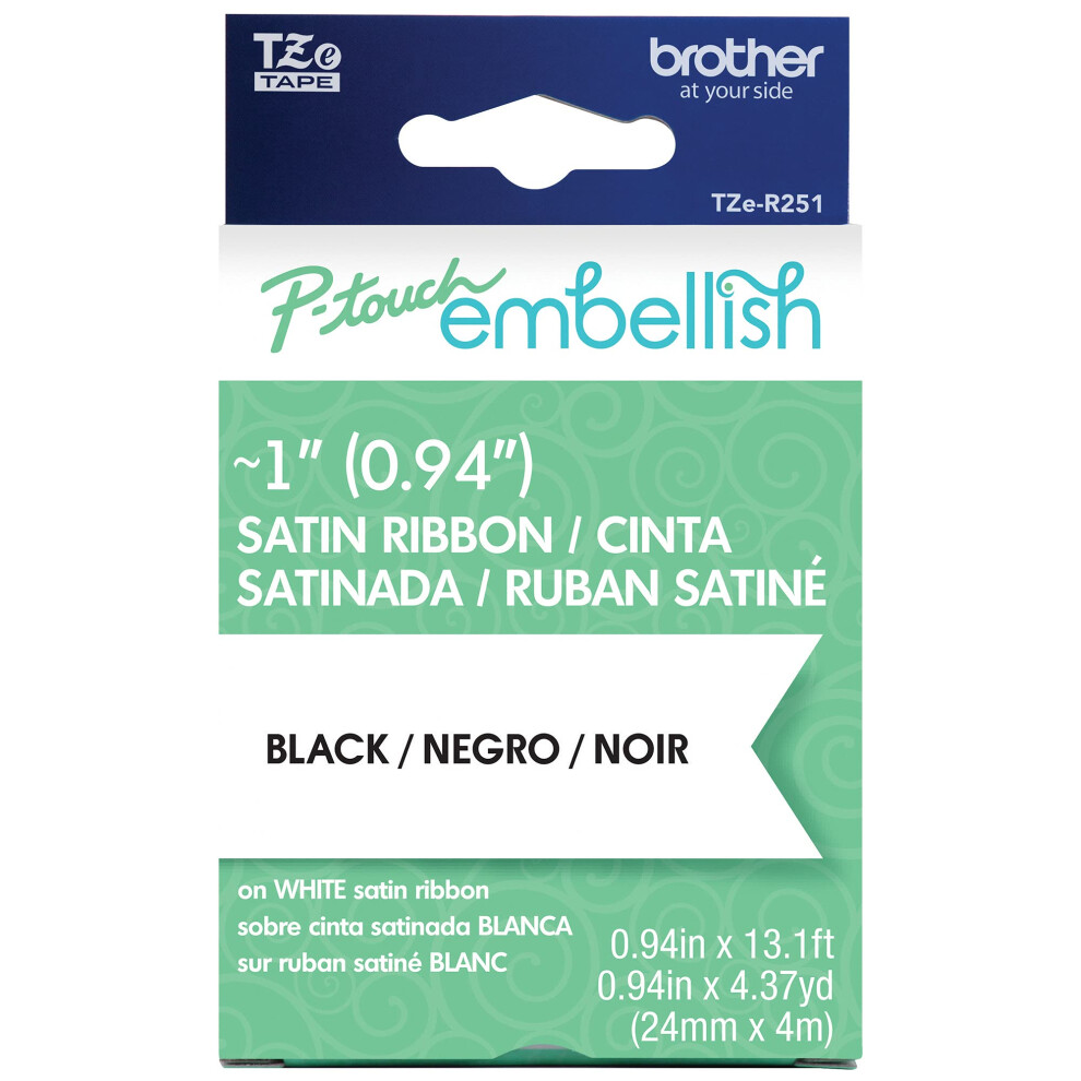 Brother P-Touch Embellish Black Print on White Satin Ribbon TZE-R251 - ~1"""""""" Wide x 13.1 Long (24mm x 4m/4.37 yds)"""" (TZER251)