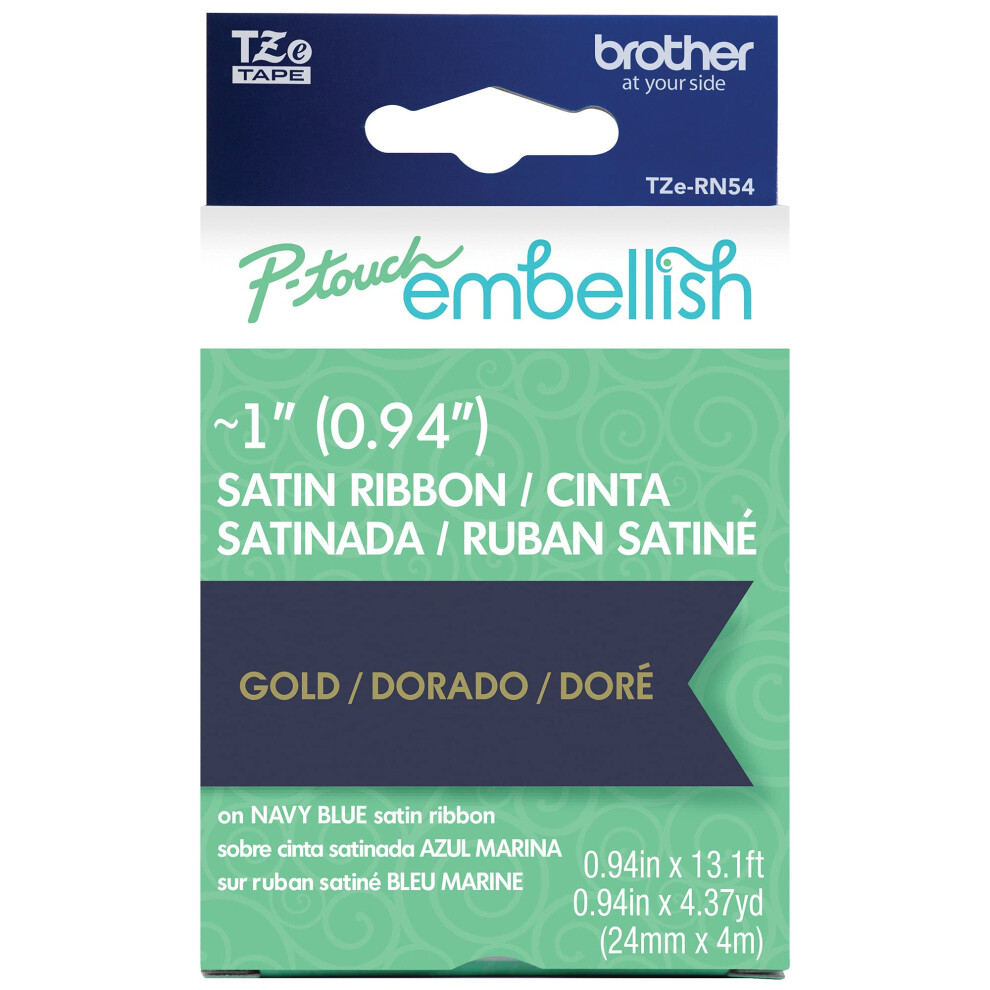 Brother P-Touch Embellish Gold Print on Navy Satin Ribbon TZE-RN54 - ~1"""" Wide x 13.1ft. Long (24mm x 4m/4.37yds)  TZERN54