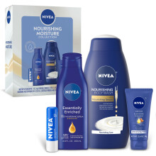 NIVEA Nourishing Moisture Collection Skin Care Set Nourishing Care Body Wash 20 Fl Oz Bottle + Body Lotion 13.5 Fl Oz Bottle + Hand Cream 2.6 Oz