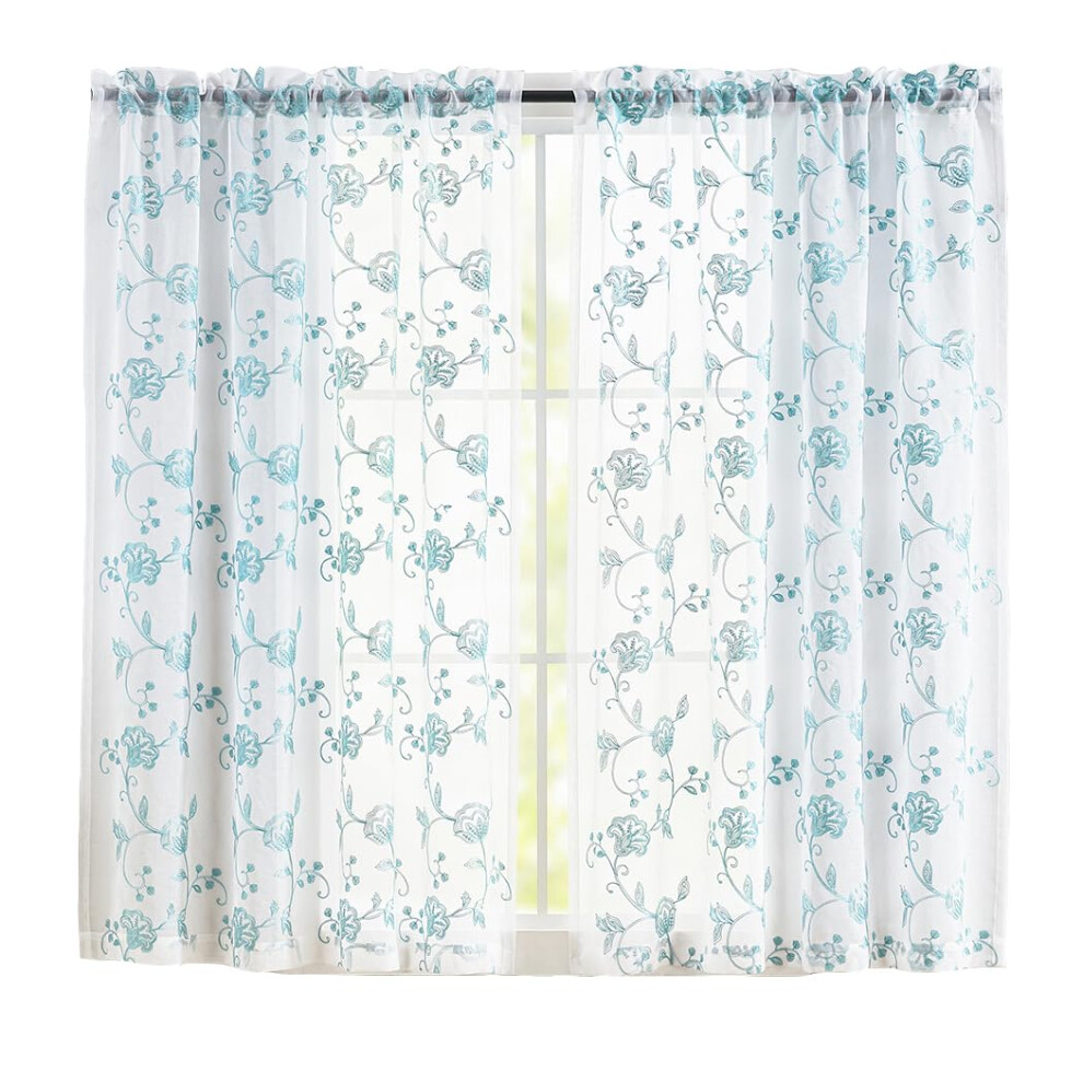 Transparente Vorhange, Blau, 114,3 Cm Lang, Mit Blumenstickerei, Stangentasche, Voile-Vorhange Fur Wohnzimmer, Schlafzimmer, Fensterbehandlungen,-image