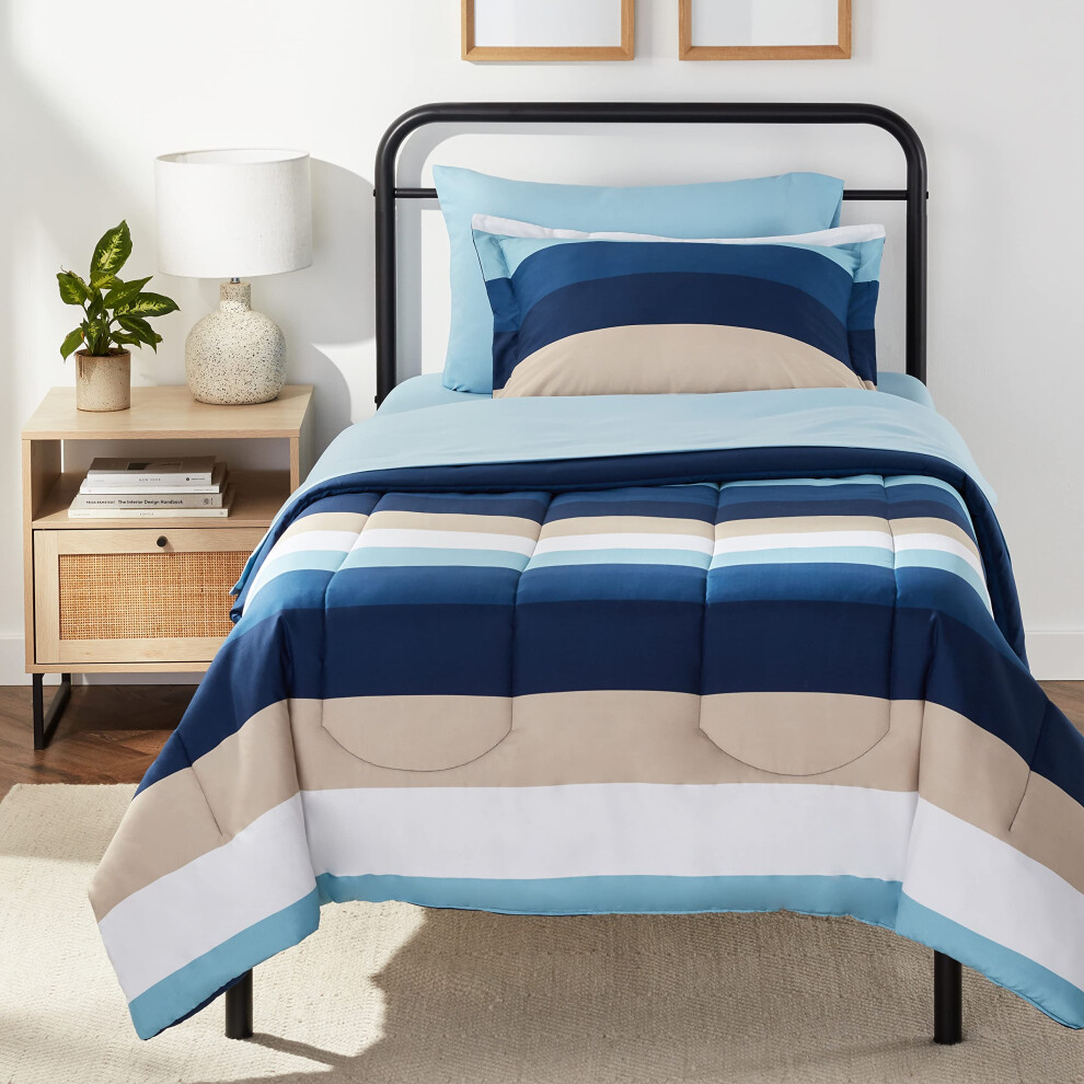 Amazon Basics Twin XL Comforter Set with Sheets  5-Piece Blue Stripe Bedding  Lightweight Microfiber Bed-in-a-Bag