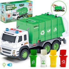 MOBIUS Toys Caminho de lixo movido por frico - Caminho de tamanho grande em escala 1:12 com carregador de luzes sonoras 4 latas de lixo para