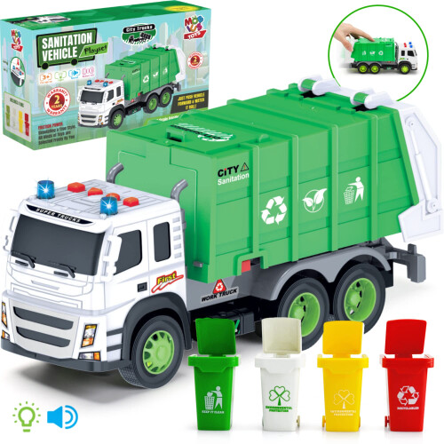MOBIUS Toys Φορτηγό Απορριμμάτων με Κίνηση - 1:12 Κλίμακα με Ήχους, Φώτα, Φορτωτή, 4 Κάδους