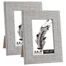 CORE ART 3.5x5 Picture Frame Handmade Wood Rustic Gray (Grey) Photo Frame Set of 2 High Definition Semi-tempered Glass Wall or Tabletop Display