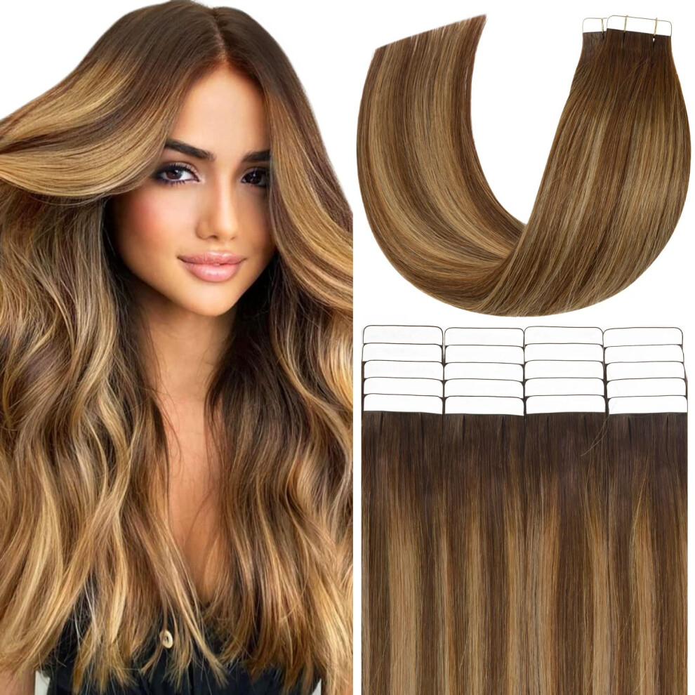 Anrosa Unisex Brown 20Pcs 50G Ombre Chocolate To Caramel Blonde Remy Human Hair Extensions Balayage Seamless Straight Real Tape In Natural Hair 16 Inch