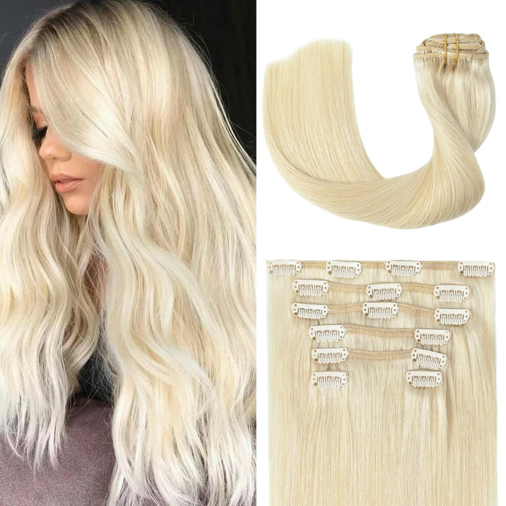 Ugotrays Unisex Silver Clip In Hair Extensions Real Human Hair Blonde - 15 Inch 70G 7Pcs Platinum Blonde 100% Remy Human Hair Clip In Extensions Straight Real Human