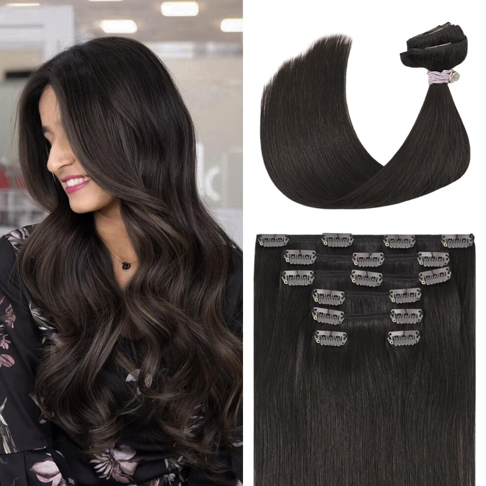 Ugotrays Unisex Brown Dark Clip In Hair Extensions Real Human Hair 70G 15 Inches 100% Remy Human Hair Clip In Extensions Straight Double Weft For Full Head 7