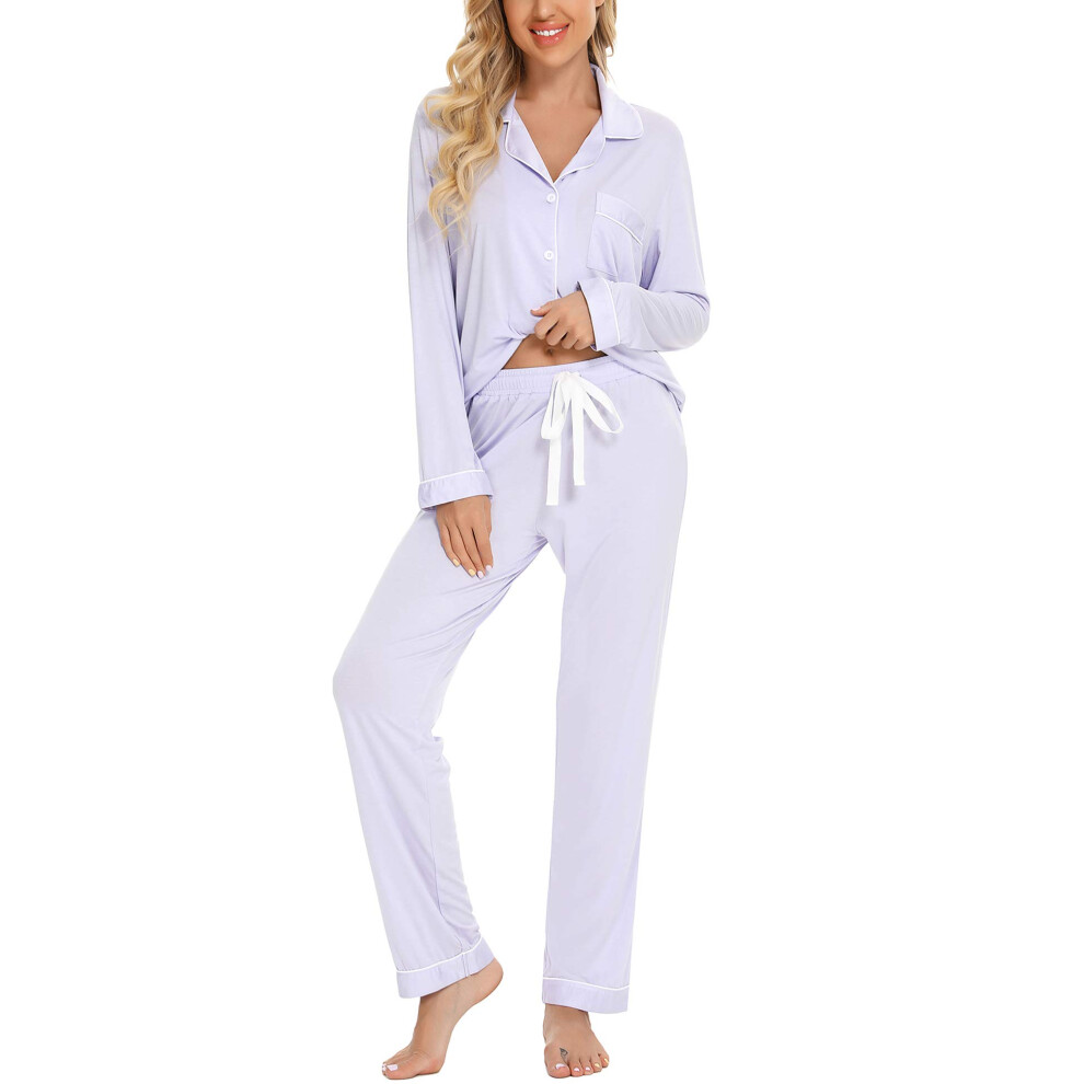 Anjue Womens Pajama Set Women Casual Loose Loungewear Soft Knit Sleepwear Long Sleeve Top with Long Pants Set Pajamas(Light Purple XL)