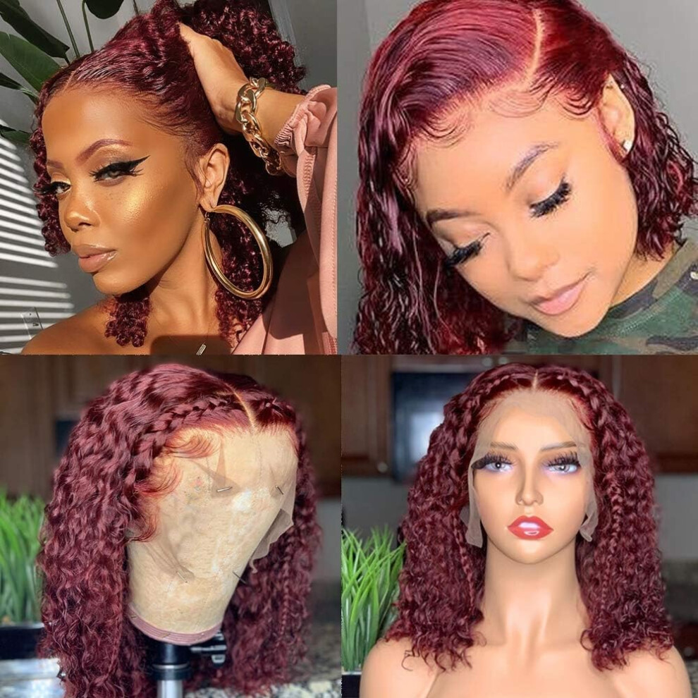 Jasperel Unisex Red 99J Short Curly Bob Lace Front Wigs Human Hair For Women 13X4 99J Burgundy Lace Frontal Wigs Wine Glueless Pre Plucked Brazilian Remy Ha