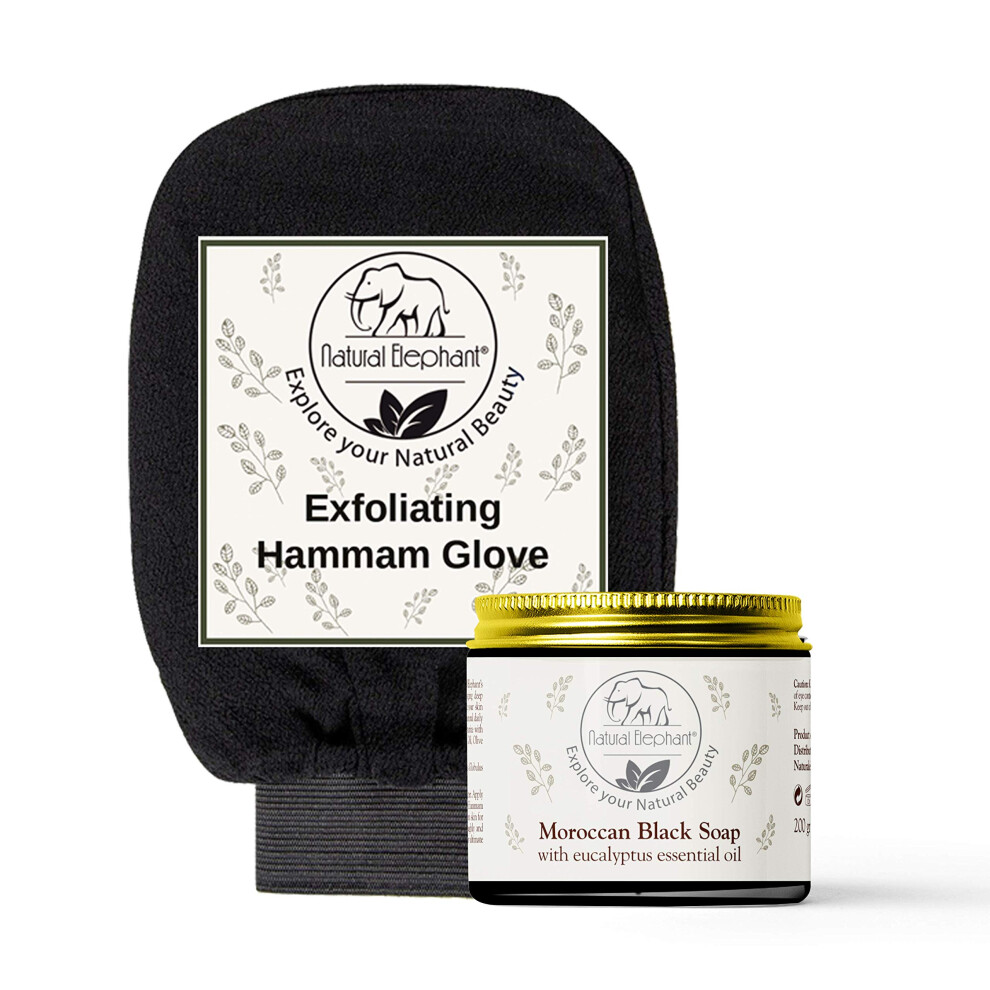 Natural Elephant Black Moroccan Soap 200G (7Oz) And Exfoliating Hammam Glove Combo (Pure )