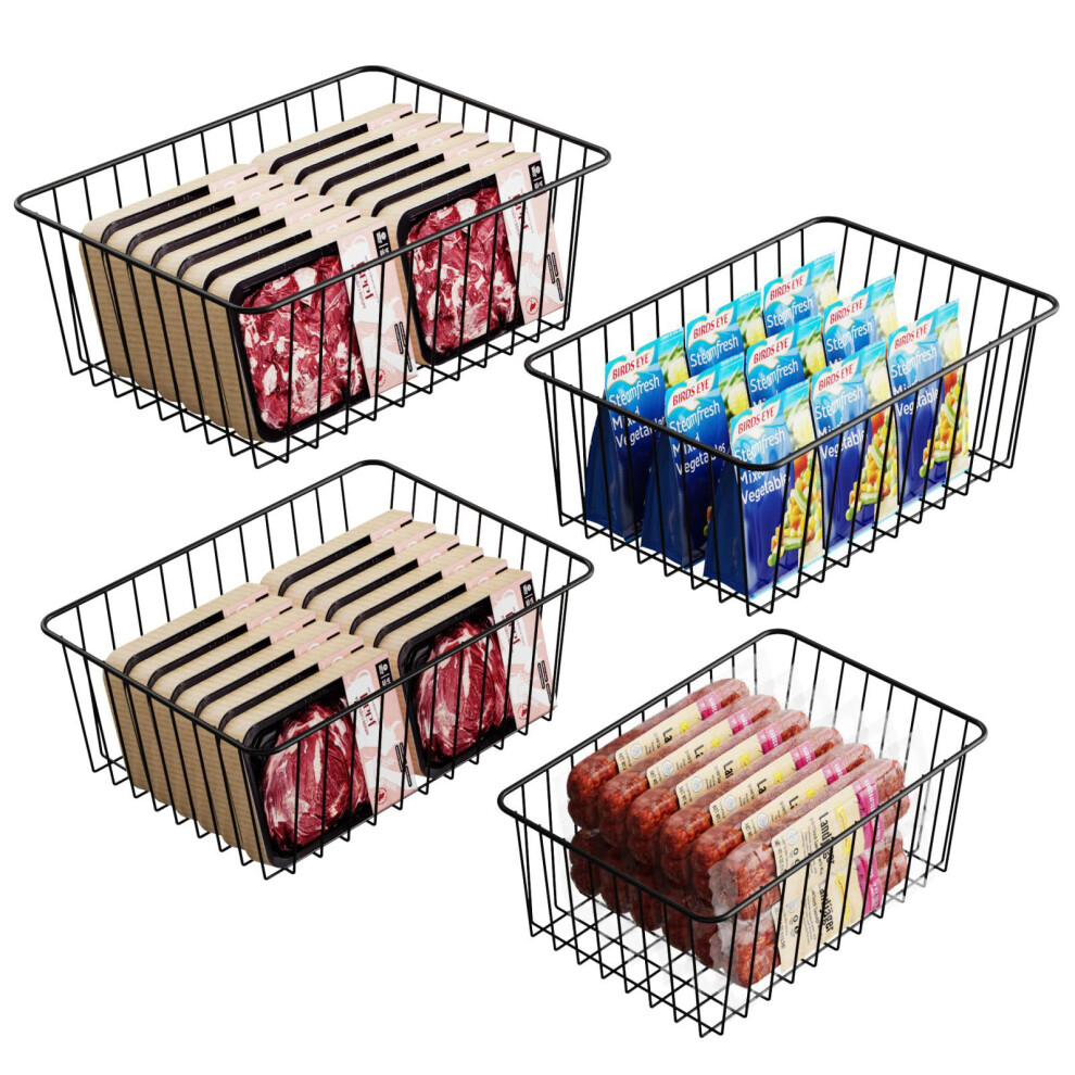 Wire Storage Baskets iSPECLE 4 Pack Large and Middle Freezer Organizer Bins Metal Wire Baskets with Handles Easy to Reach Items Freezer Bins fo