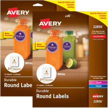 Avery ronde etiketten voor laser- en inkjetprinters, 2,5 inch, 72 waterbestendige etiketten (22856), wit (2 stuks, totaal 144 etiketten)
