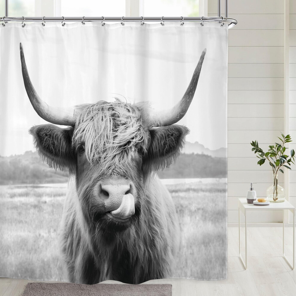 Riyidecor Farmhouse Highland Cow Shower Curtain Western Bull Wildlife Portrait Animal Funny Country 72Wx72H Inch 12 Pack Plastic Hooks Kids Sketc-image