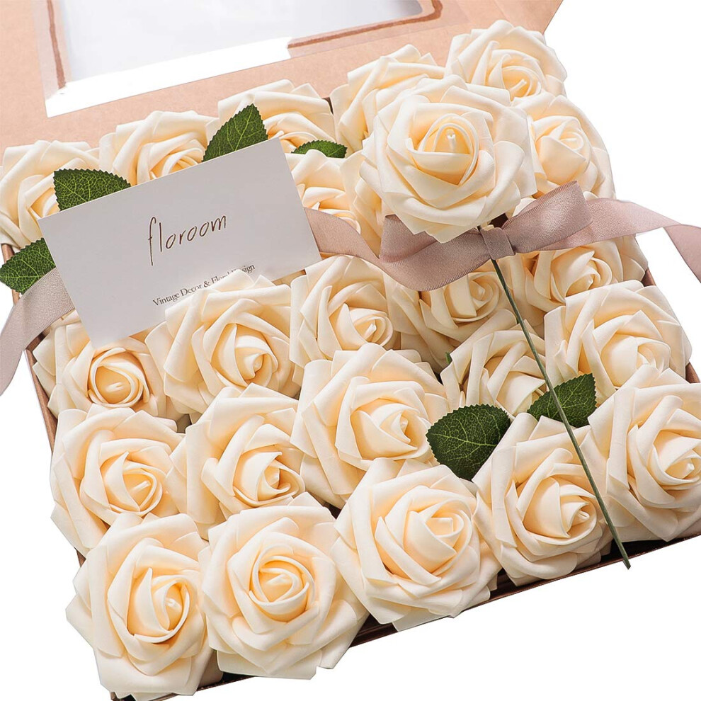 Floroom Fiori Artificiali 50 Pezzi Rose Finte In Schiuma Champagne Dall'aspetto Realistico Con Steli Per Bouquet Da Sposa Fai Da Te, Centrotavola-image