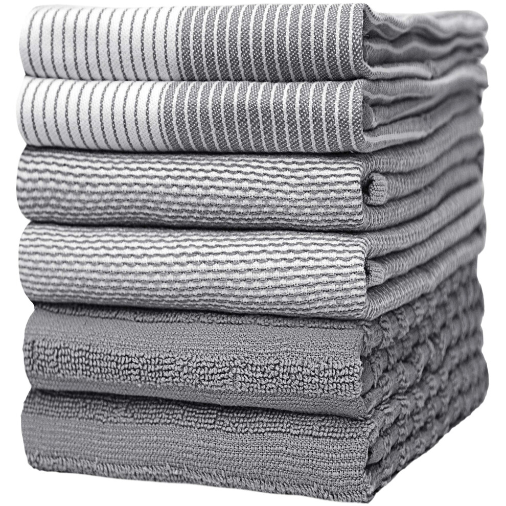 Premium Kitchen Hand Towels (20 x 28   6 Pack) Large Cotton  Dish  Flat & Terry Towel Highly Absorbent Tea Towels Set with Hanging Loop Gray