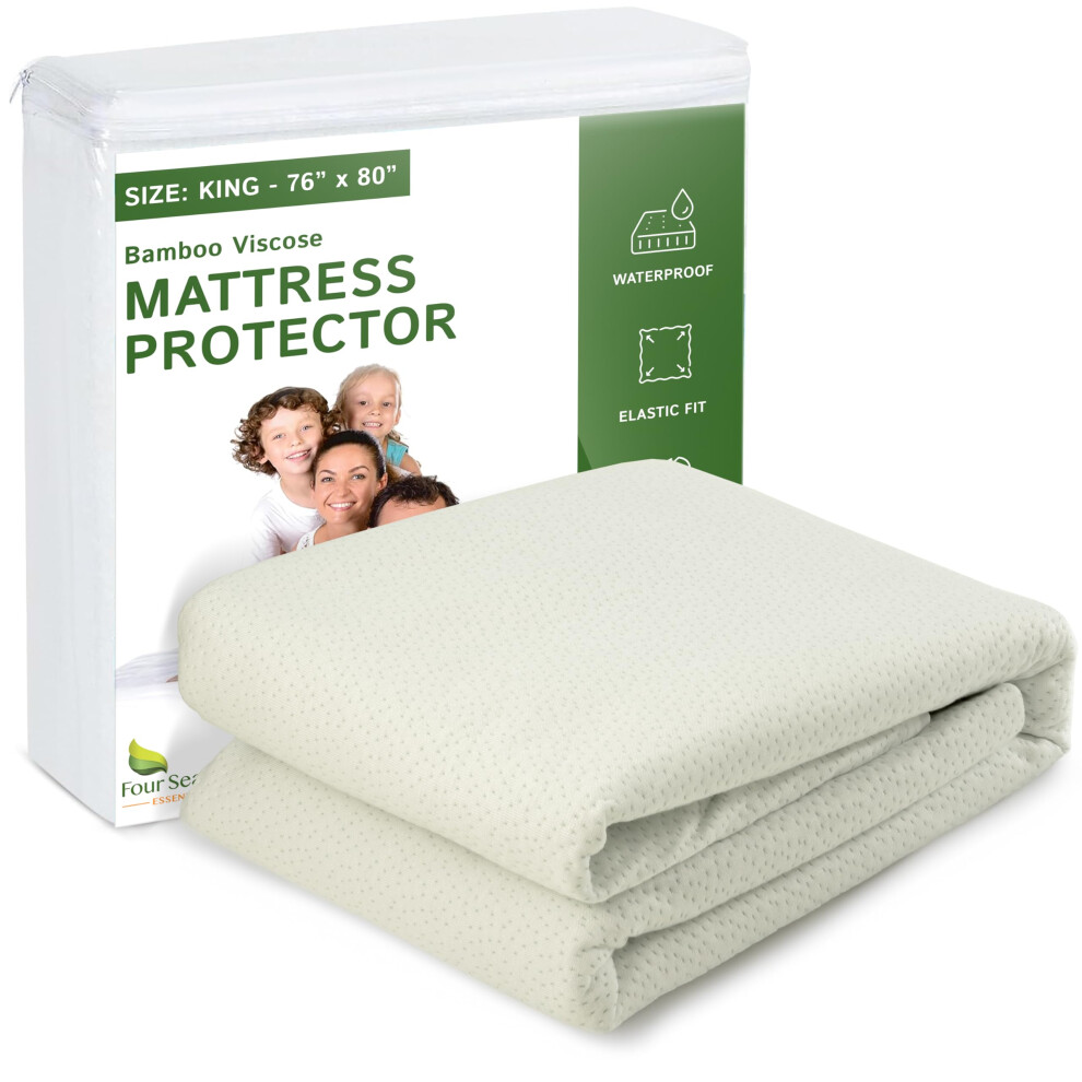 Protège-matelas imperméable Four Seasons Essentials King Size - Drap-housse rafraîchissant en viscose dérivée du bambou - Rembourrage jacquard ma