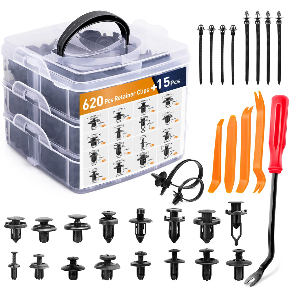 Gooacc 635Pcs Car Push Retainer Clips & Auto Fasteners Assortment -16 Most Popular Sizes Nylon Bumper Fender Rivets With 10 Cable Ties And Fasten Black 767912577647