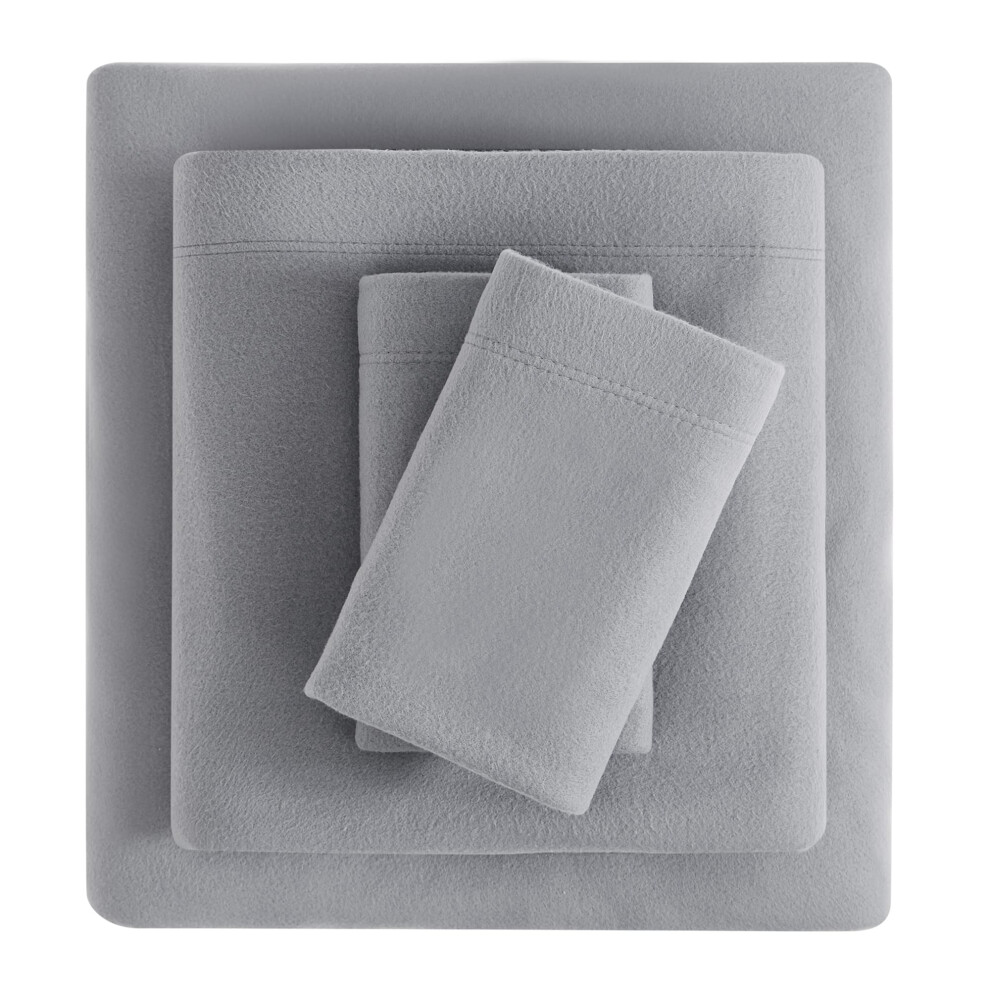 Parure de lit double Viviland Plush Micro Fleece - Draps en velours polaire doux - Draps d'hiver extra chauds en flanelle avec poche profonde - Gris a