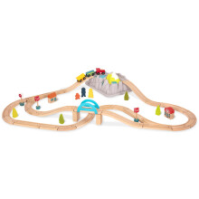 B. toys - Conjunto de Comboios Wood & Wheels - 47 peças - Trilhos e Acessórios - Balde de Armazenamento com Tampa de Montanha