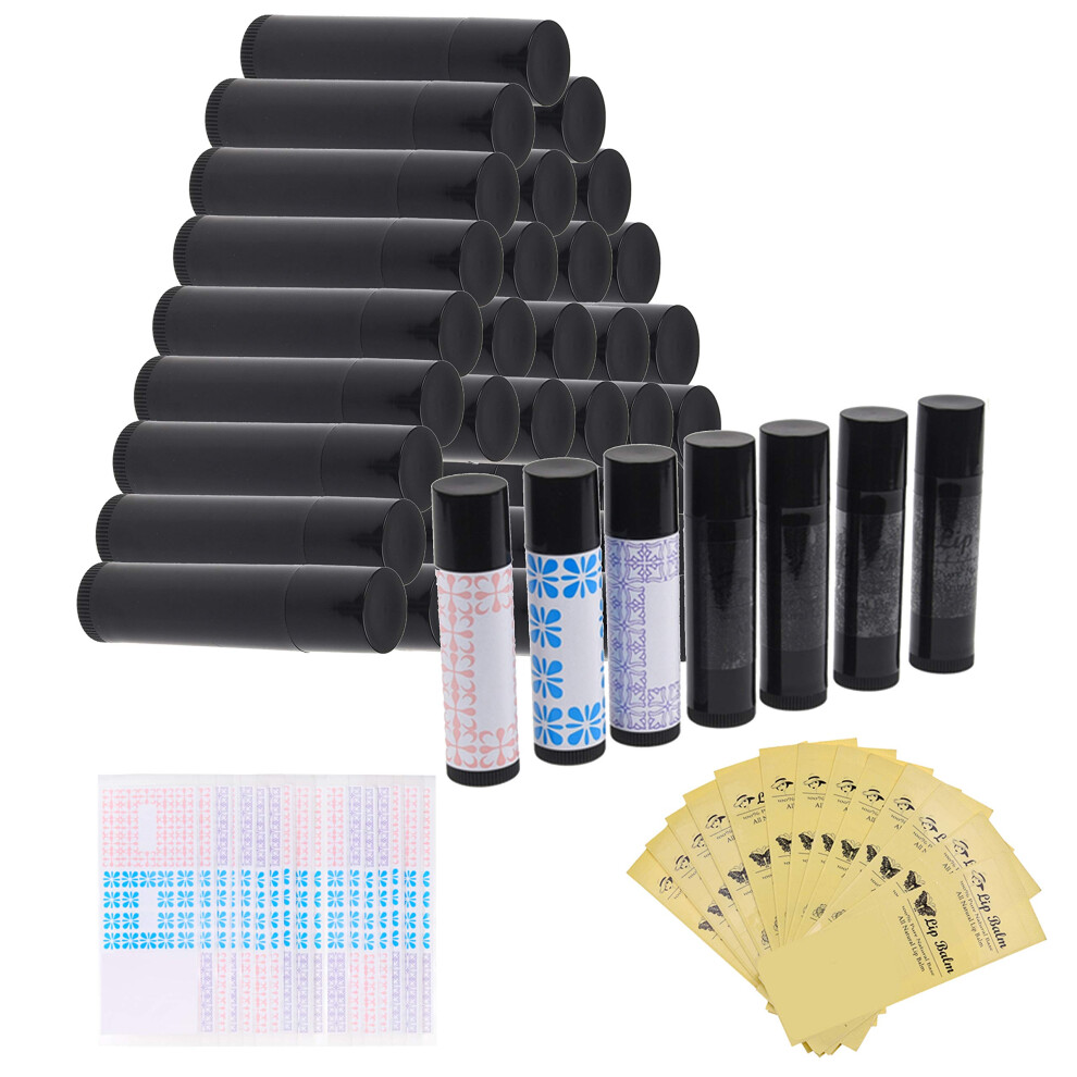 Kare & Kind Black Lip Balm Container Kit - 50X Lip Balm Tubes (Black) 50X Writable Sticker (3 Colors) 50X Printed Stickers (Transparent) - For Diy Lip Balm - Diy Home