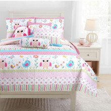 Mysig linje Hemmode Happy Owl Rosa Vndbar Quilt Sngklder Set Coverlet verkast fr tjejer (Happy Owl Queen -3 delar)