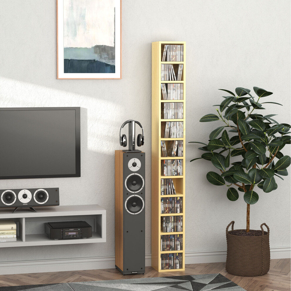 HOMCOM 204 CD Storage Tower Tall Bookcase Bookshelf with 12 Cubes Oak Tone