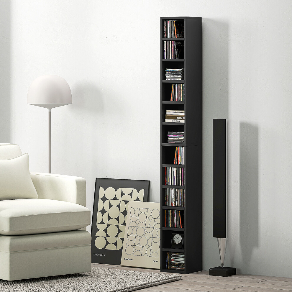 Homcom Black 204 Cd Storage Tower Tall Bookcase Bookshelf With 12 Cubes