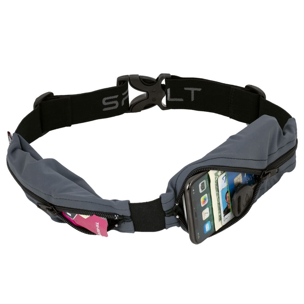 Ceinture de course SPIbelt Dual Pocket Pro pour adultes, poches extensibles, taille r   glable, anti-rebond, anthracite avec fermeture    clair noire