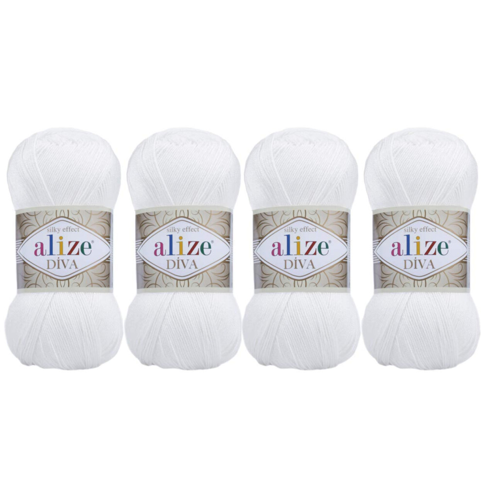 Fil Tricoter 100 % Microfibre Acrylique Alize Diva Effet Soie, Lot De 4 Pelotes De 400 G, 1 532 Yds, Couleur (55 Blanc)-image