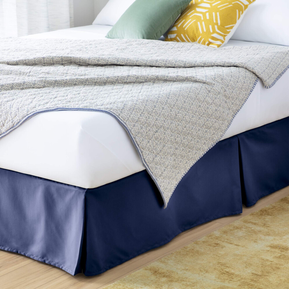 Linenspa 14 Inch Wrinkle and Fade Resistant-Machine Washable-Easy Use Pleated Microfiber Bed Skirt Queen Navy