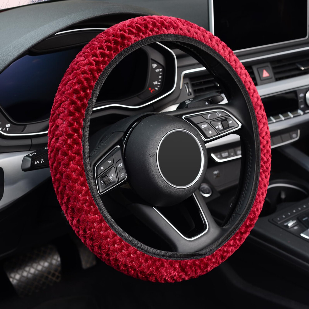 Kafeek Elastic Short Microfiber Plush Steering Wheel Cover For Winter Warm Universal 15 Inch Anti-Slip Odorless Wine Red 796816024117