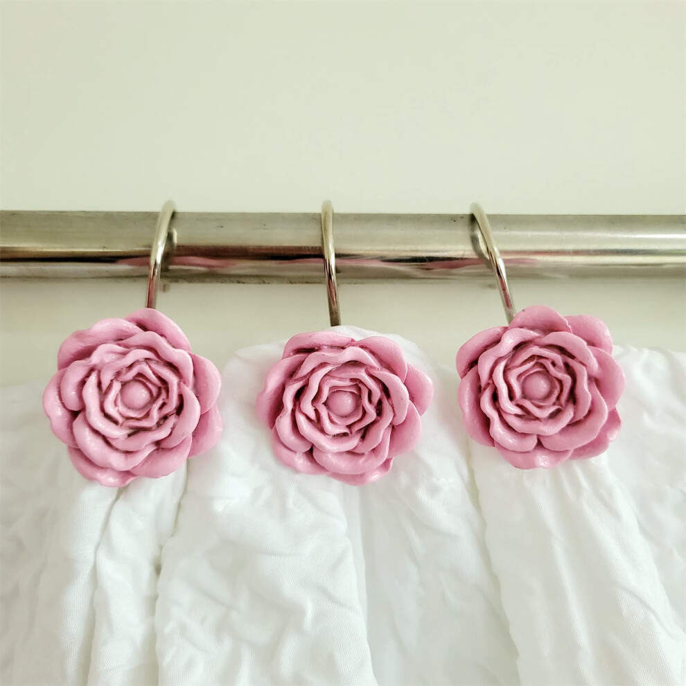Lot De 12 Crochets De Rideau De Douche Twofishes En Forme De Rose Rose Et 12 Anneaux De Douche En Forme De Fleur De Rose Rose-image