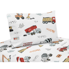 Sweet Jojo Designs Construction Truck Queen Lakanset - 4-delat set - Gr Gul Orange Rd och Bl Transportation