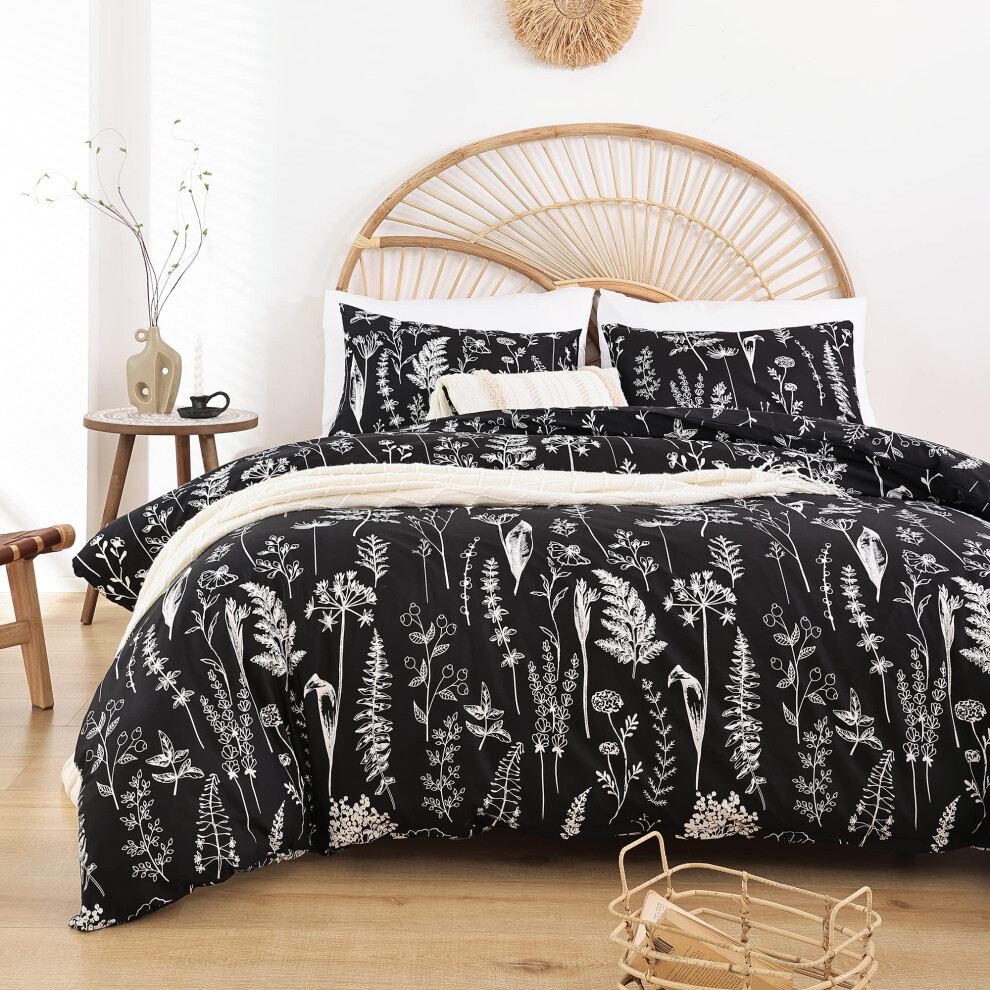Parure de lit 3 pi   ces motif floral JANZAA Queen avec couette et 2 taies d'oreiller en microfibre douce noire