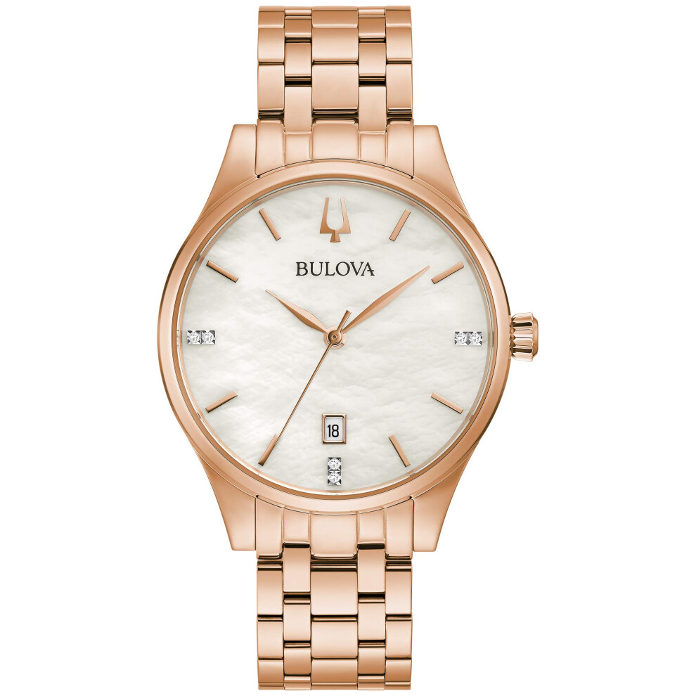 Bulova Ladies' Classic Diamond Dial Rose Gold Stainless Steel 3-Hand Calendar Date Quartz Watch Style: 97P152