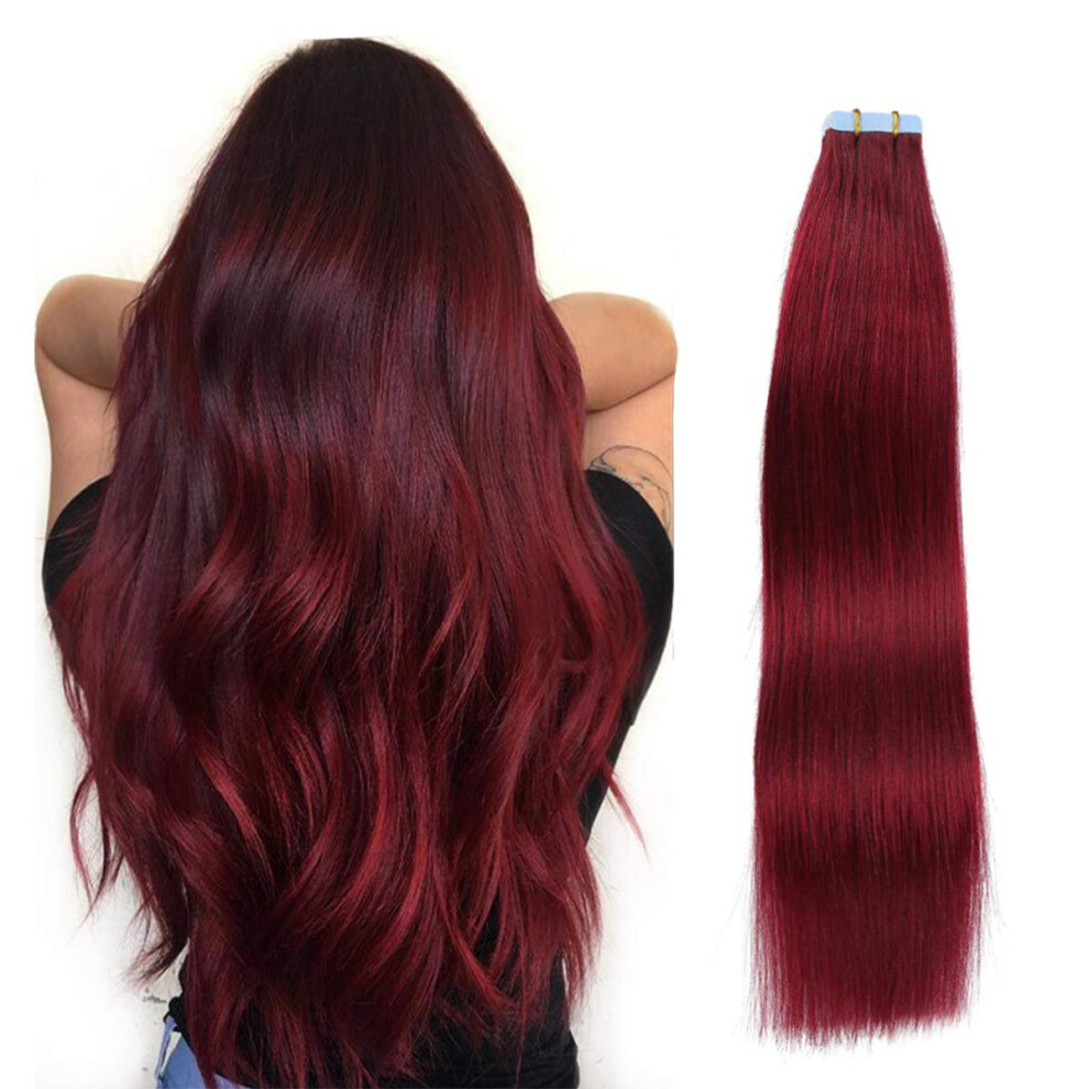 Suyya Unisex Red Tape In Hair Extensions Burgundy 100% Real Remy Human Hair 16 Inches 20Pcs 40G/Pack Straight Seamless Skin Weft Tape Human Hair Extensions(16 In