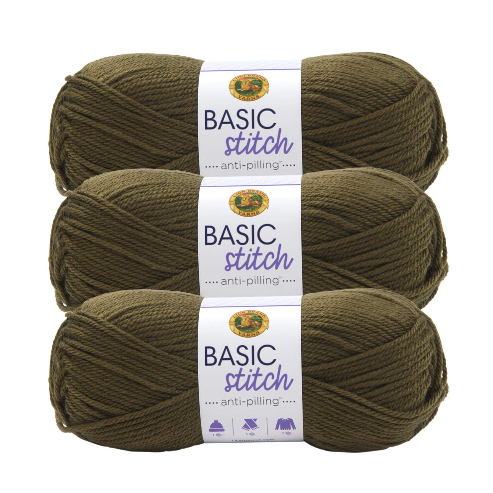 Lion Brand Yarn Basic Stitch Anti-Pilling Knitting Yarn  Yarn for Crocheting  3-Pack  Olive