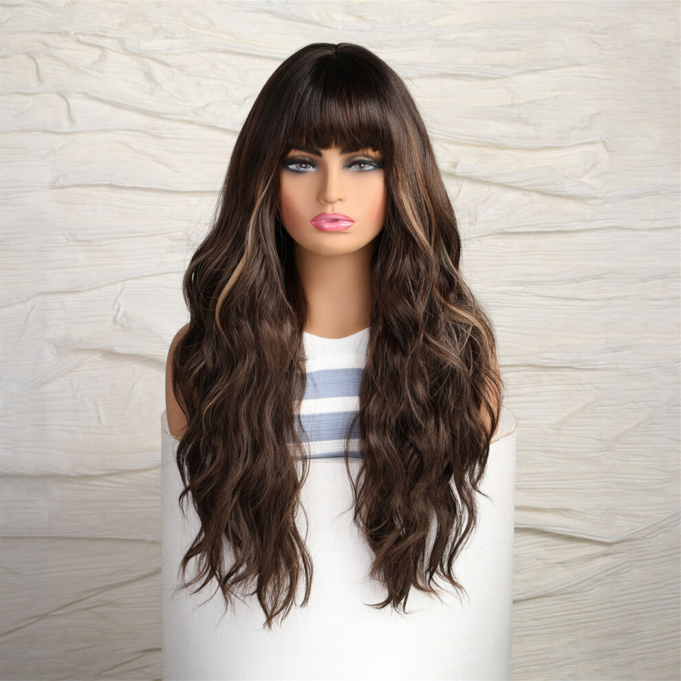 Long Curly Hair Wig Natural And Voluminous Wavy Curls With Fringes Women's Wig With Hair Net Heat Resistant Synthetic Brown