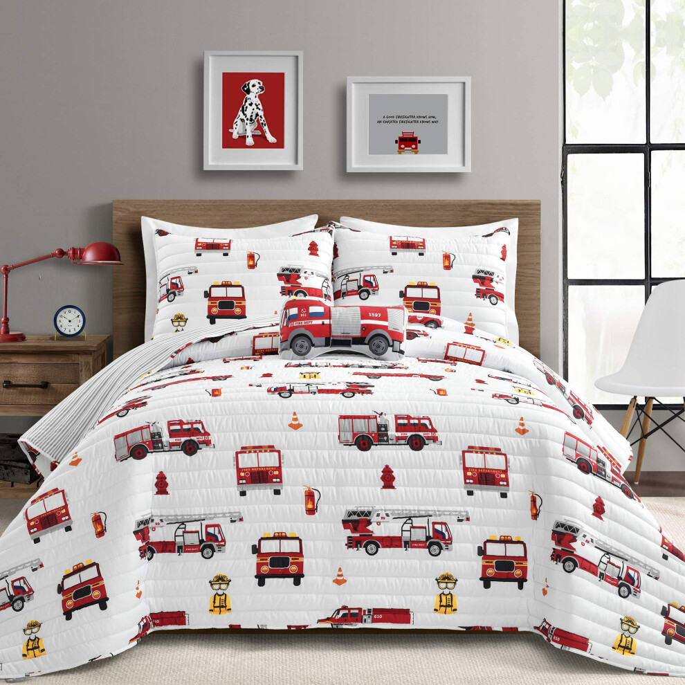 Parure de lit 3 pi   ces Lush Decor motif camion de pompiers, rouge et blanc, pour lit simple, r   versible,     rayures, pour chambre d'enfant