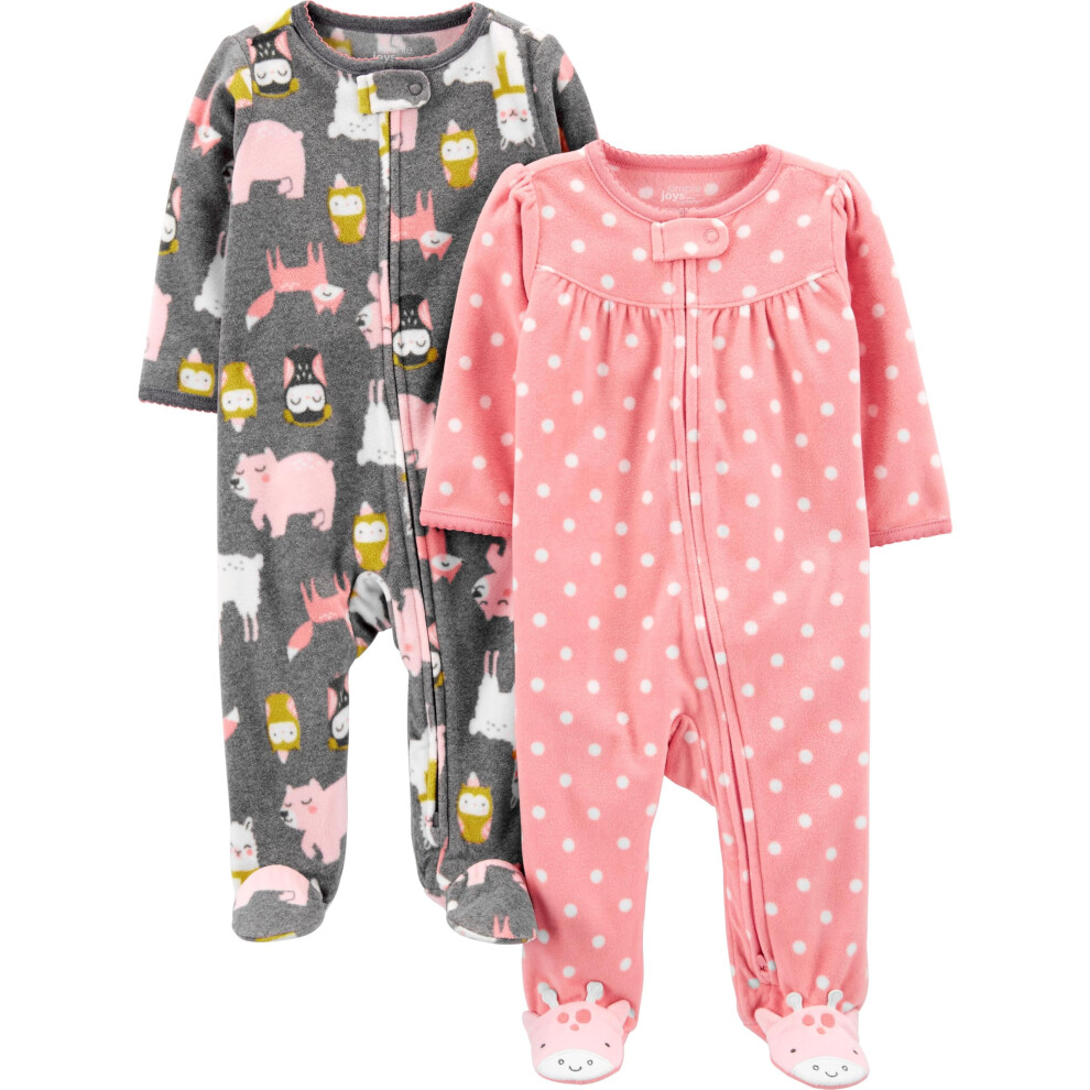 Simple Joys By Carter's Baby Girls - Pack De 2 Pijamas Con Pies De Polar Para Dormir Y Jugar, Con Animales Del Bosque En Color Carb N Y Lunares R-image