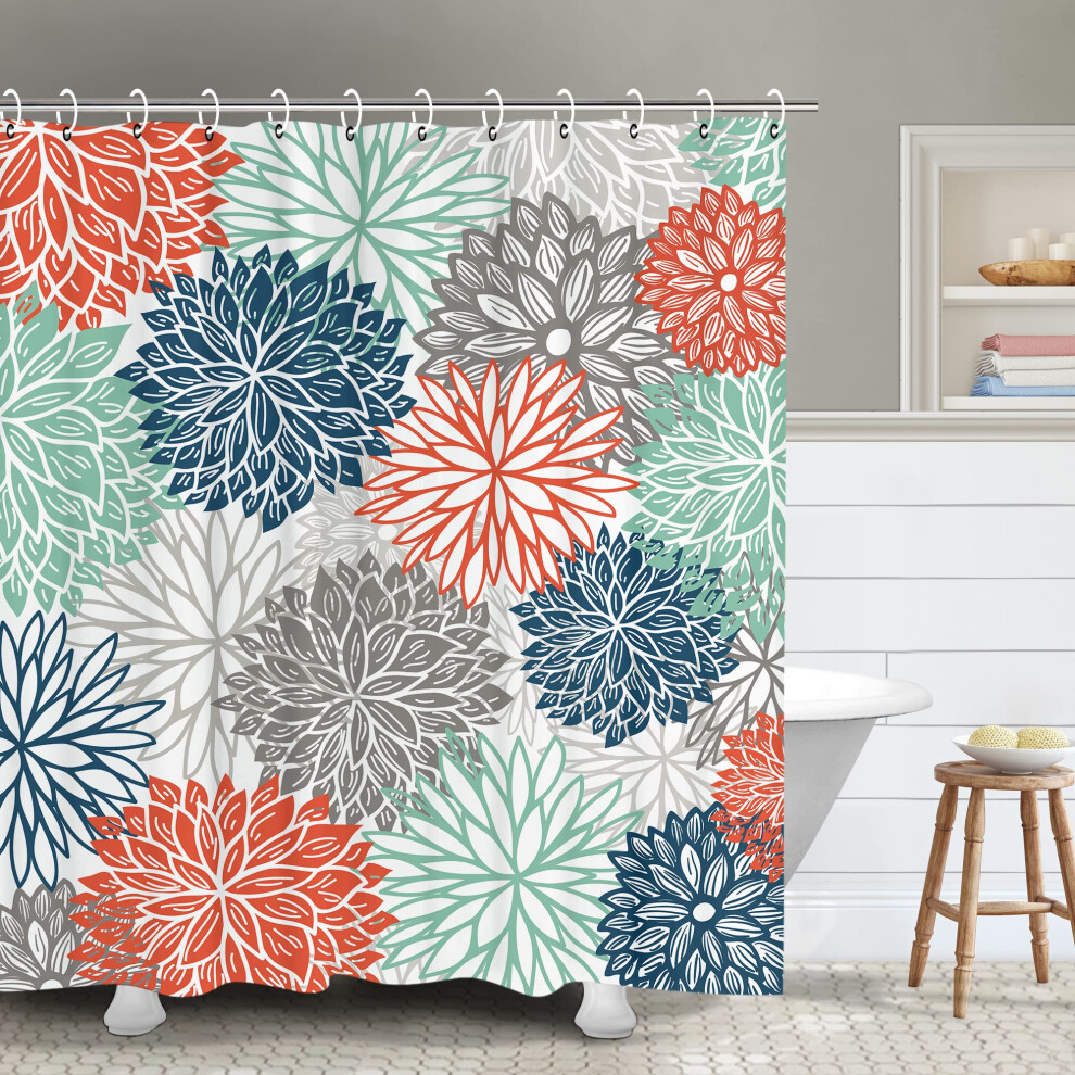 RosieLily Rideau de douche floral Dahlia Ensemble de rideaux de douche avec 12 crochets Rideau de douche     fleurs Bleu sarcelle et gris Rideau de