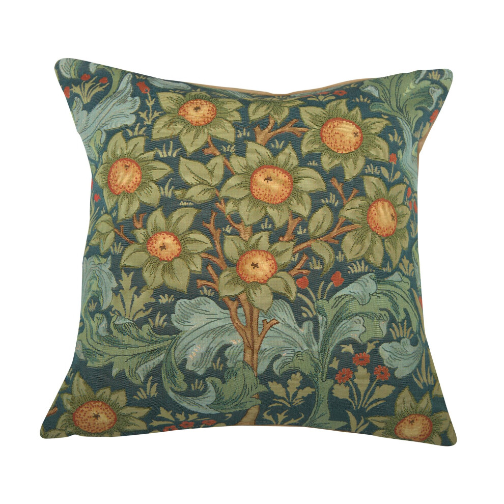 Housse de coussin carr   e bleue motif oranger et arabesques, 48 x 48 cm, style boh   me, en coton, tiss    jacquard, pour salon