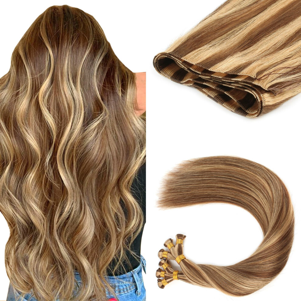 Abh Amazingbeauty Hair Unisex Brown Sew In Highlighted Hand Tied Weft Hair Extensions Sew In Extensions Remy Human Hair Thick Ends Chocolate With Caramel B