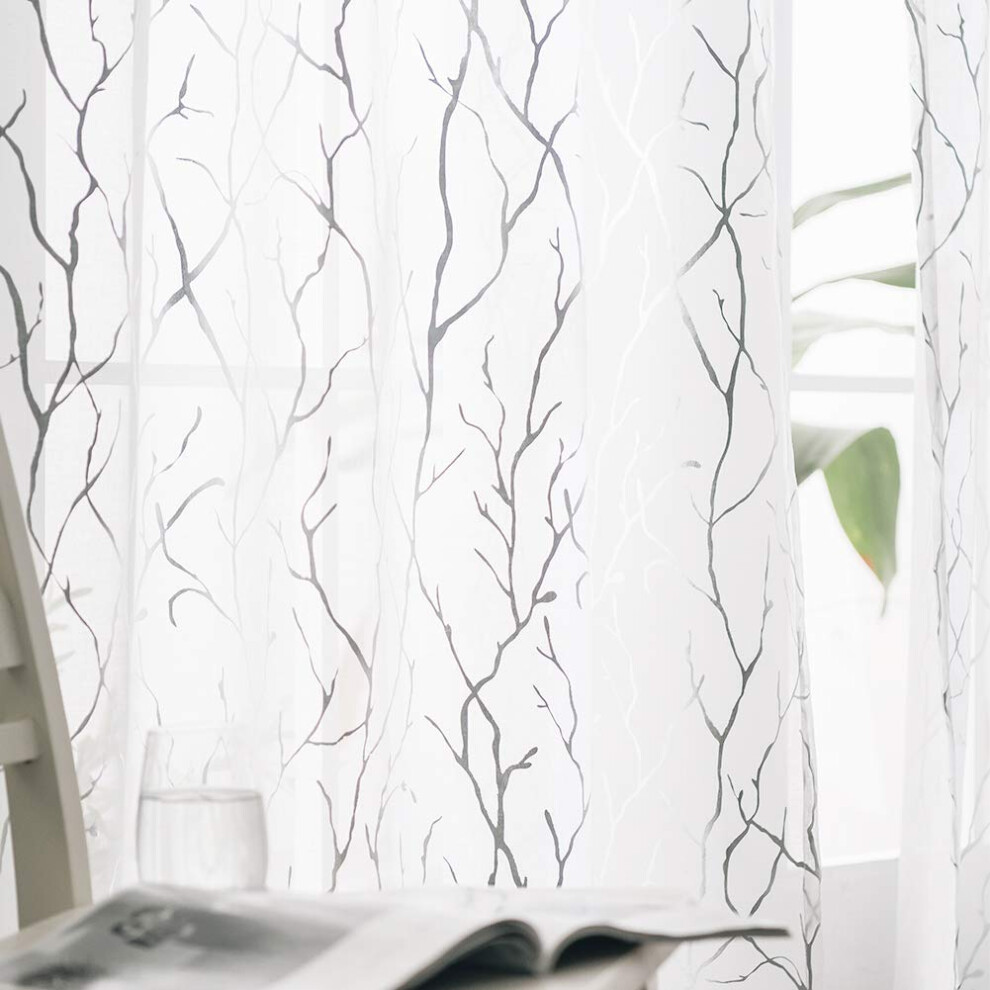FINECITY Tree Branch Sheer Curtains for Bedroom 63 Inches Length - Rod Pocket Silver White Sheer Curtains Branch Pattern Window Curtains for Bedroom-image-OPC-PFNRM62-NEW