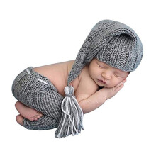 Foto-Requisiten fr Neugeborene, Mdchen, Jungen, Hkelstrickmtze, Kostm, Streifenhut, Hose, Overall, Fotografie-Requisiten (grau)