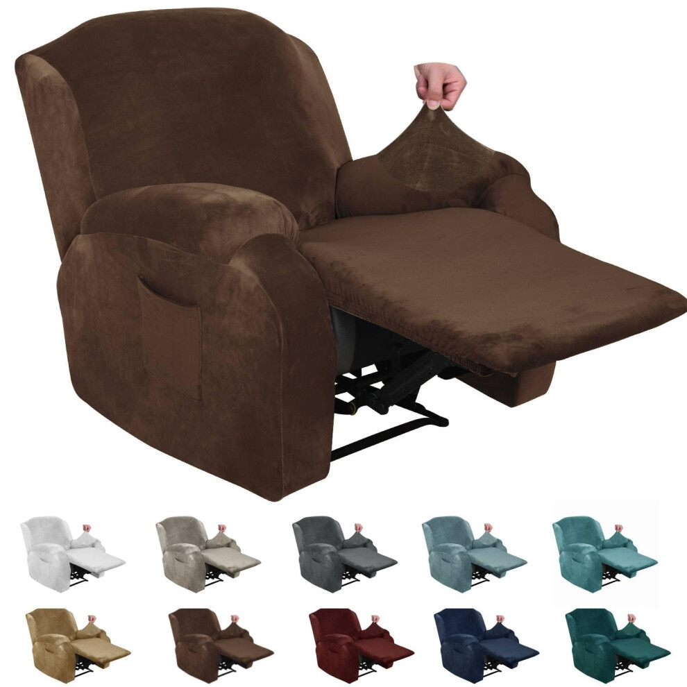 Housse de fauteuil inclinable MAXIJIN en velours, 4 pi   ces, extensible, douce et moelleuse, avec poche lat   rale (caf    fonc   )