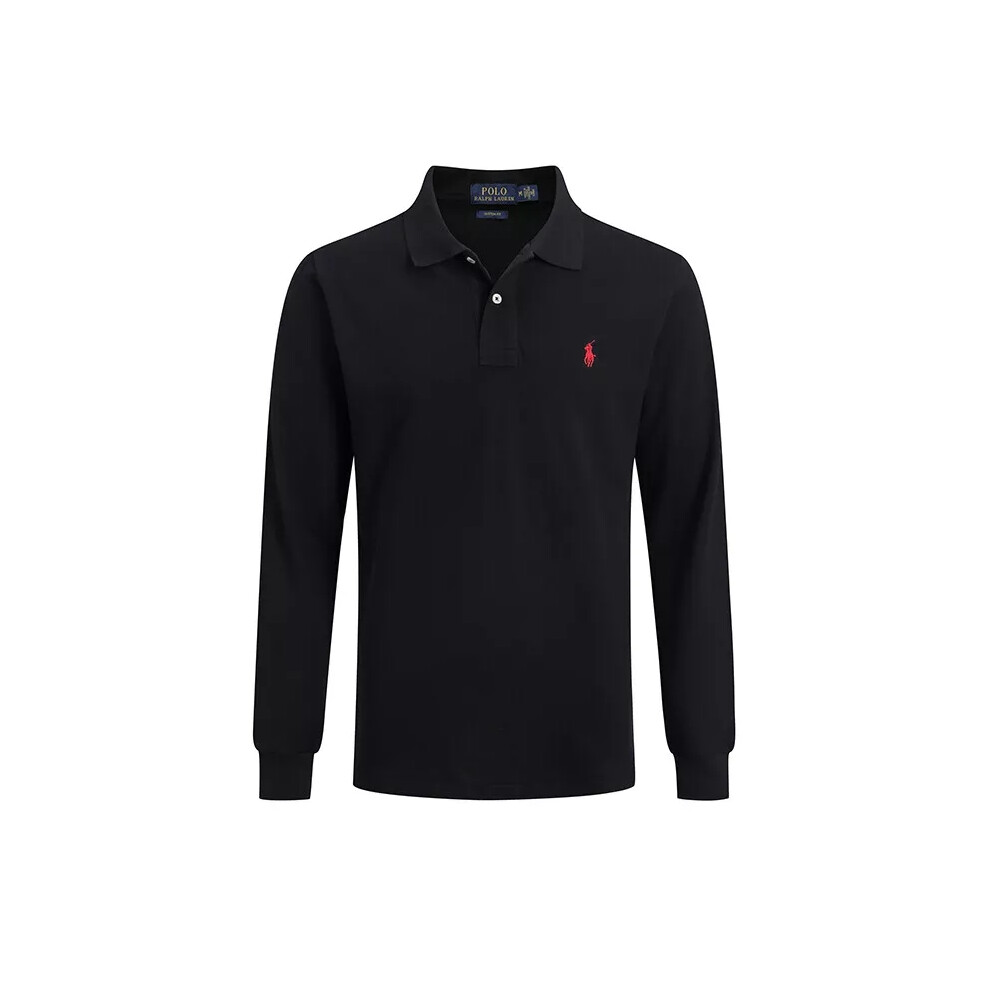 (Black+Red, XL) Men Polo Shirt Casual Long Sleeve Collared T-Shirt Sports T-Shirts Button Tops